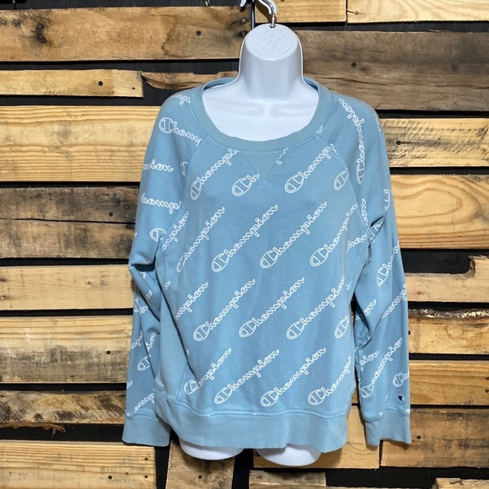 Champion French Terry Sweatshirt - Cornflower Teal Script Logo Medium
